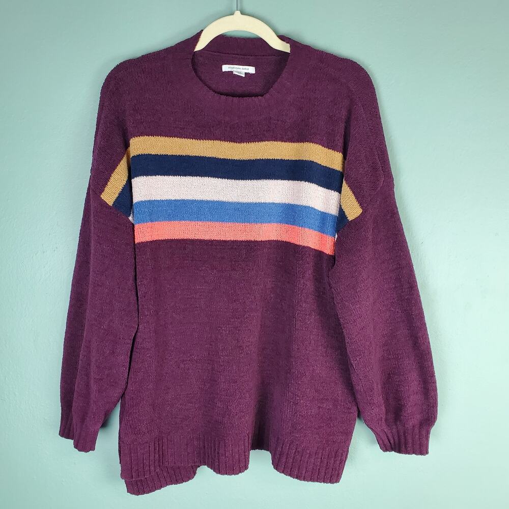 American Eagle Maroon Striped Chenille Oversized Comfy Crew Neck Sweater XS / S